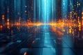 Futuristic Digital Matrix Highway with Blue and Orange Lights, Flowing Data Streams, and Reflective Surface Royalty Free Stock Photo