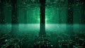Futuristic Digital Matrix Room with Glowing Green Binary Code and Data Streams Keywords: futuristic, digital, matrix, technology, Royalty Free Stock Photo