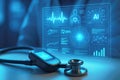 Futuristic digital medical display with heart rate and A I data alongside stethoscope technology Royalty Free Stock Photo