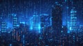 A futuristic digital metropolis binary city of glowing blue lights on an abstract technological backdrop Royalty Free Stock Photo