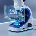 Futuristic digital microscope displaying holographic data and glowing blue scientific samples Royalty Free Stock Photo