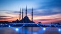 Futuristic Digital Mosque Silhouette Against Twilight Sky in Modern Cairo, Egypt with Tech Networks Royalty Free Stock Photo