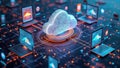 Futuristic digital network with cloud computing and connected laptops Royalty Free Stock Photo