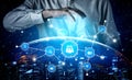 Futuristic Digital Network Connection Concept with Hand Over Globe and Icons Representing Technology, Communication, and Royalty Free Stock Photo