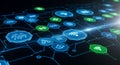 Futuristic digital network connections with glowing technology icons Royalty Free Stock Photo