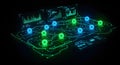 Futuristic Digital Network and Data Visualization System: Glowing Circuit Board with Holographic Interfaces Displaying Advanced Royalty Free Stock Photo