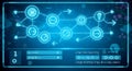Futuristic digital network diagram displaying interconnected nodes and data flow on a glowing blue interface Royalty Free Stock Photo