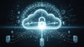 A glowing blue cloud with a large padlock symbol surrounded by interconnected servers and security in a futuristic digital network Royalty Free Stock Photo