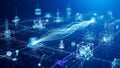 Futuristic digital network with glowing blue data streams flowing between abstract geometric structures and cubes Royalty Free Stock Photo
