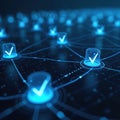 Futuristic digital network with glowing checkmarks, nodes. Data verification technology, cybersecurity concept. Interface, Royalty Free Stock Photo