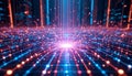 Futuristic Digital Network with Glowing Data Flow and Neon Grid Lights Royalty Free Stock Photo
