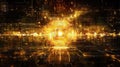 Futuristic digital network with glowing golden light and abstract circuitry