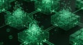 Futuristic Digital Network with Green Cubes and particles on Dark Background Royalty Free Stock Photo