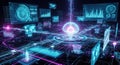 Futuristic digital network hub with glowing data streams and advanced technology displays Royalty Free Stock Photo