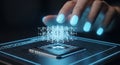 Futuristic digital network interacting with a microchip symbolizing advanced technology and data flow Royalty Free Stock Photo