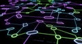 Futuristic digital network with interconnected colored lines and nodes on black background creating depth and technology concept Royalty Free Stock Photo