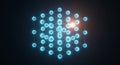 Futuristic digital network of interconnected glowing blue spheres with orange light center on black background technology concept Royalty Free Stock Photo