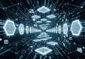 Futuristic digital network of interconnected hexagonal nodes and geometric shapes Royalty Free Stock Photo