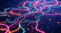 Futuristic digital network with neon glowing data streams and circuits