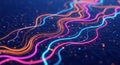 Futuristic digital network with neon glowing data streams and circuits