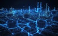 A futuristic digital network representation of an industrial complex with glowing nodes and connections Royalty Free Stock Photo