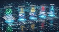 Futuristic digital network security system with glowing icons representing different security levels and statuses Royalty Free Stock Photo