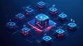 Futuristic digital network showcasing financial transactions with glowing nodes in a dark blue gradient for high-tech