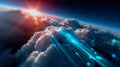 A futuristic digital network spreading across clouds with glowing red and blue connection lines Royalty Free Stock Photo