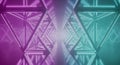 Futuristic digital network tunnel with glowing neon triangles and geometric data flow in purple and teal gradient Royalty Free Stock Photo