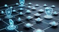 Futuristic digital network with glowing blue shield representing security and interconnected data blocks Royalty Free Stock Photo