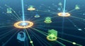 Futuristic digital network visualization featuring interconnected Royalty Free Stock Photo