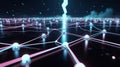 Futuristic AI Data Network Grid with Lightning Energy Connection, Glowing Nodes and Digital Communication Lines Royalty Free Stock Photo