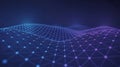 A futuristic digital network wave with glowing blue and purple nodes and lines forming a dynamic abstract pattern Royalty Free Stock Photo