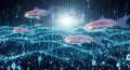 Digital Fish Swimming in Binary Data Stream and Glowing Ocean Waves Royalty Free Stock Photo