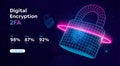 Futuristic digital padlock representing cybersecurity, encryption, and data protection. Wireframe lock with two factor