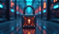 Futuristic digital padlock symbolizes cyber security and data protection. Glowing keyhole within tech background suggests secure Royalty Free Stock Photo