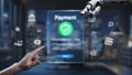 Futuristic Digital Payment Interface with Robotic Hand Interaction and Security Features for Online Transactions and E Royalty Free Stock Photo