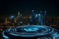 Futuristic Digital Platform with Holographic Data Display and City Skyline in the Background. Concept of Smart Technology