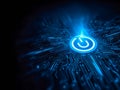 Futuristic digital power button symbol glowing on circuit board background Royalty Free Stock Photo