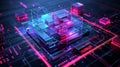 Futuristic digital processor with glowing circuits and holographic blocks
