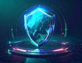 Futuristic digital protection shield on a platform glowing in cyberspace Royalty Free Stock Photo