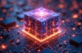 Futuristic digital quantum computer. Quantum computing concept with glowing cube processor on circuit board. Central processing Royalty Free Stock Photo