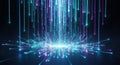 Futuristic digital rain effect with glowing blue and purple light streaks emitting from a central source Royalty Free Stock Photo