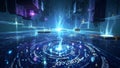 Futuristic Digital Realm with Glowing Blue Light and Abstract Data Circles Royalty Free Stock Photo