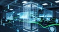 A futuristic digital rendering of a server room with glowing blue lines and graphs Royalty Free Stock Photo