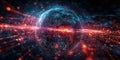 Futuristic digital representation of a hyper-connected Earth with glowing red and blue data streams surrounding the planet. Royalty Free Stock Photo