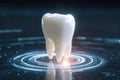 Futuristic digital representation of a tooth with a glowing, circular energy ring effect Royalty Free Stock Photo