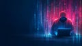 In a futuristic digital room with blurred rain, an anonymous hacker in a black hoodie stands out against the dark