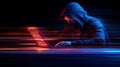 In a futuristic digital room with blurred rain, an anonymous hacker in a black hoodie symbolizes cyber threats and