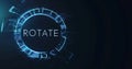 Futuristic digital rotating circle with glowing blue neon lights and the word rotate Royalty Free Stock Photo